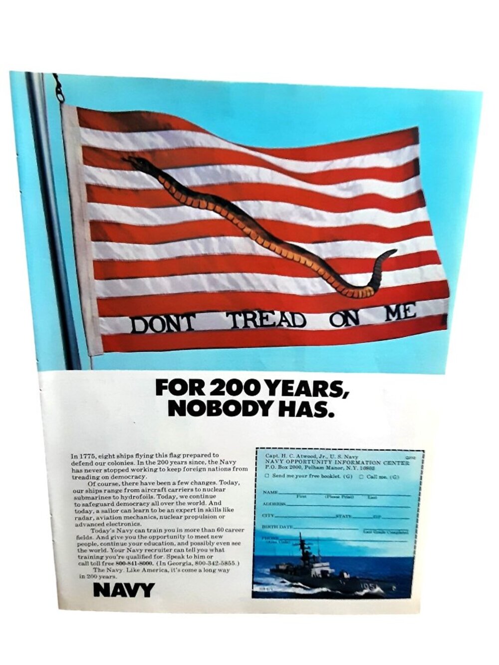 1976 US Navy Don't Tread on Me Flag Vintage Ad